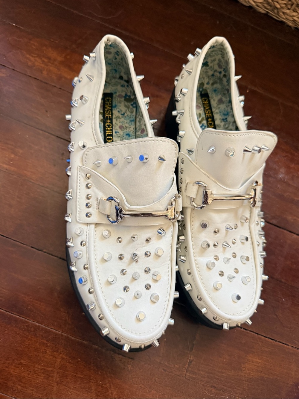 Chase + Chloe White Studded Spike Loafers